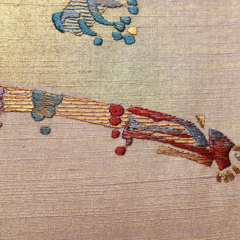 袋帯 太鼓柄 良品 一般用 正絹 幾何学柄・抽象柄 刺繍 小豆・エンジ_画像6