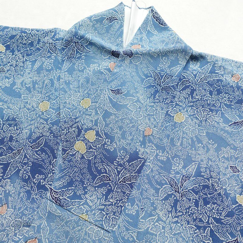 小紋 縮緬 正絹 木の葉・植物柄 袷仕立て 身丈157cm 裄丈63.5cm 小紋着物 青・紺_画像14