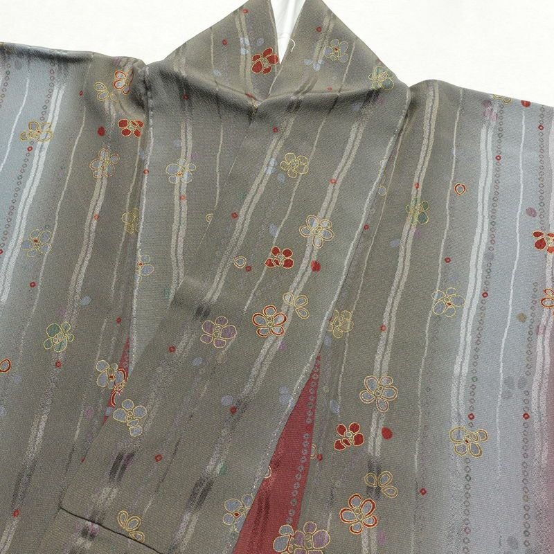 小紋 しつけ糸付き 縮緬 正絹 花柄 袷仕立て 身丈159.5cm 裄丈65.5cm 小紋着物 多色使い_画像14