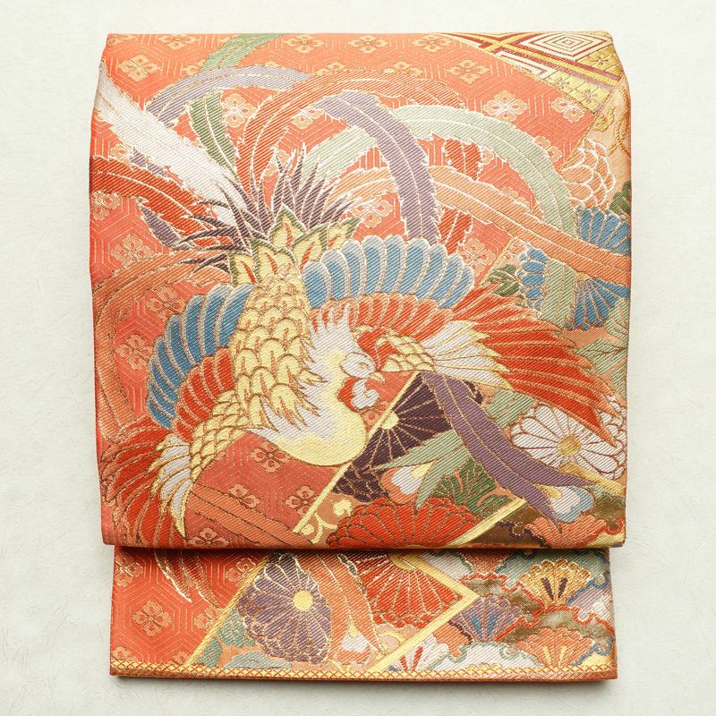 袋帯 正絹 金糸 花鳥文様 金色ｘ多色 六通柄 フォーマル 礼装 長さ448cm【中古】 【キモノオフ野々市若松店】 中古）袋帯 銀 紫 フォーマル 六通 織り 金糸 唐草 尾長鳥 花 煌貴箔錦 絹