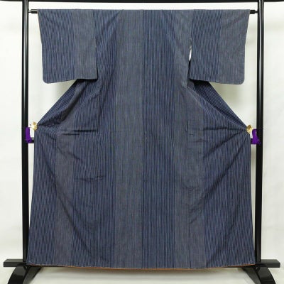 紬 しつけ糸付き 正絹 縞柄・線柄 袷仕立て 身丈161cm 裄丈64cm 青・紺