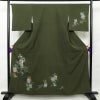 付け下げ 良品 縮緬 正絹 古典柄 袷仕立て 身丈159cm 裄丈66.5cm 附下 着物 緑・うぐいす色_画像1