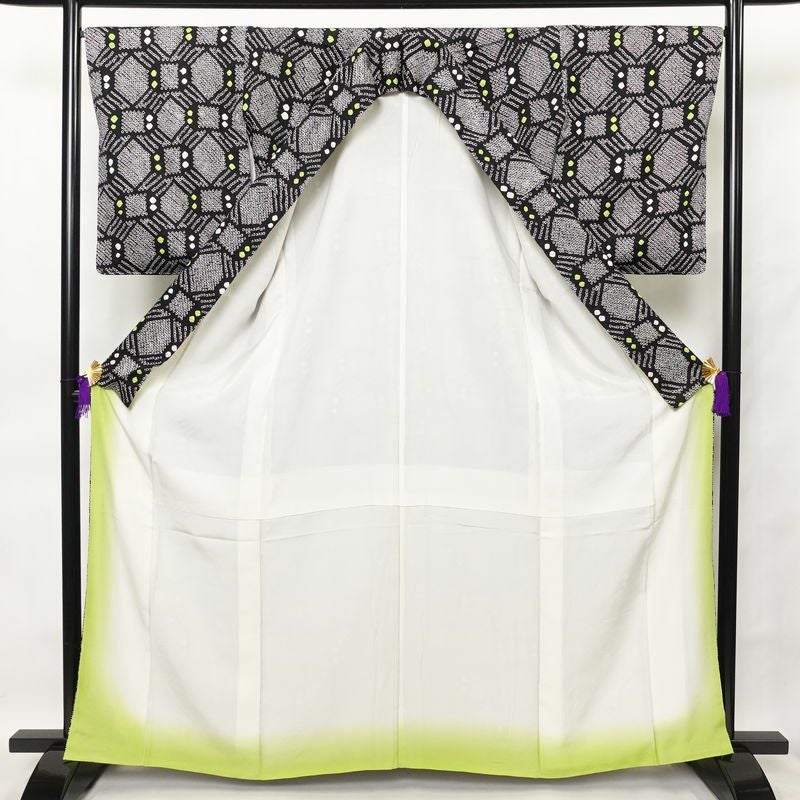 小紋 しつけ糸付き 絞り 正絹 古典柄 袷仕立て 身丈163cm 裄丈69cm 小紋着物 黒_画像3