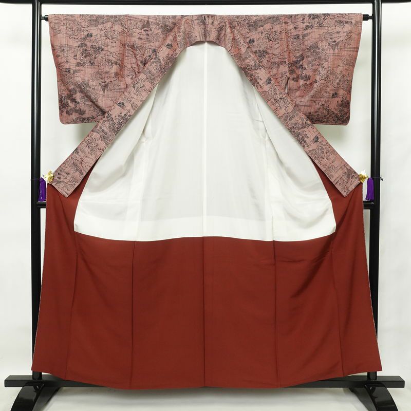 紬 良品 小紋柄 正絹 風景柄 袷仕立て 身丈159.5cm 裄丈64cm ピンク_画像3