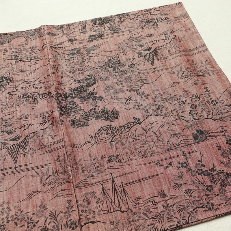 紬 良品 小紋柄 正絹 風景柄 袷仕立て 身丈159.5cm 裄丈64cm ピンク_画像12