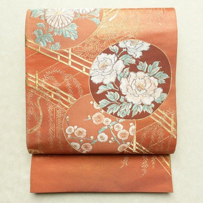 袋帯 六通柄 良品 フォーマル用 正絹 花柄 橙