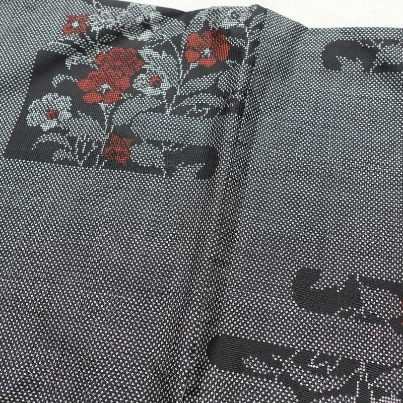 大島紬 証紙なし 正絹 花柄 袷仕立て 身丈169cm 裄丈66cm 黒_画像15