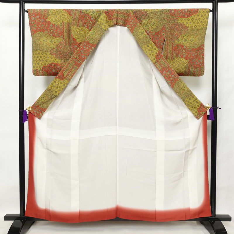 小紋 縮緬 総柄 正絹 花柄 袷仕立て 身丈158.5cm 裄丈65.5cm 黄・黄土色_画像3