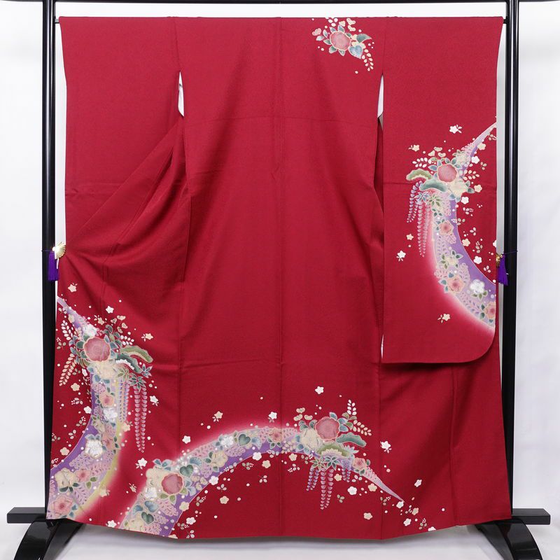 ［6782］振袖 4点セット 駒刺繍 成人式 卒業式 ロング丈 正絹 着物 袷 決算セール】仕立て付き 正絹 振袖単品 新品 古典柄 f-017-t 黒 金駒