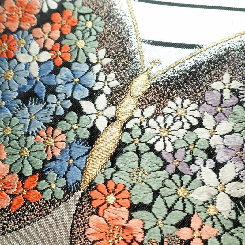 袋帯 六通柄 振袖用 正絹 蝶・昆虫柄 金・銀_画像4