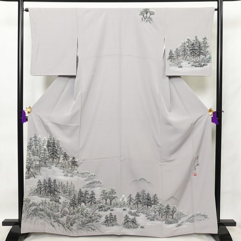付け下げ 良品 落款入り 縮緬 正絹 風景柄 袷仕立て 身丈166cm 裄丈65cm フォーマル 附下 着物 共八掛 グレー_画像1