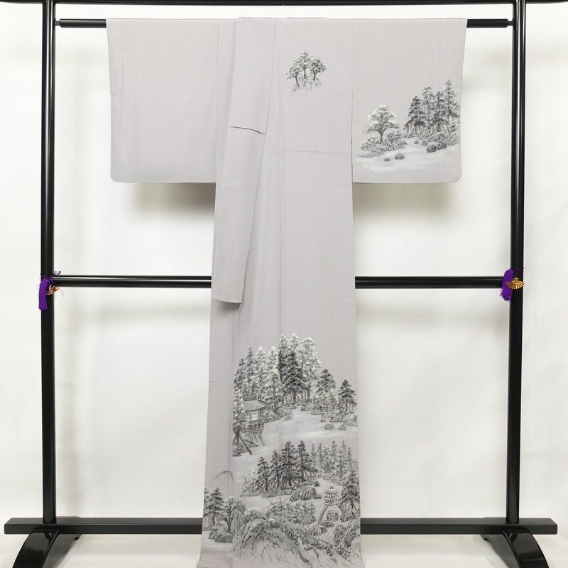 付け下げ 良品 落款入り 縮緬 正絹 風景柄 袷仕立て 身丈166cm 裄丈65cm フォーマル 附下 着物 共八掛 グレー_画像2