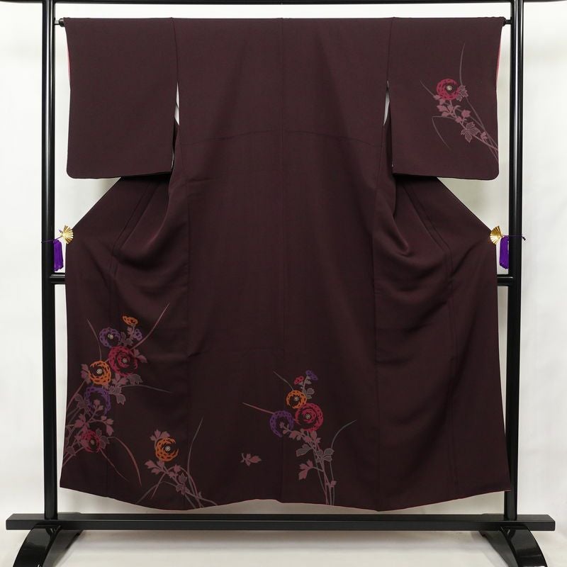 付け下げ 縮緬 正絹 花柄 袷仕立て 身丈150.5cm 裄丈65cm 金彩 フォーマル 着物 紫・藤色_画像1