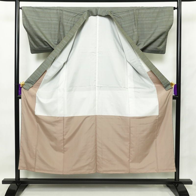 紬 アンティーク風 正絹 縞柄・線柄 袷仕立て 身丈152cm 裄丈64.5cm 緑・うぐいす色_画像3