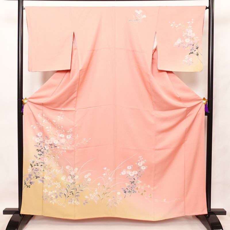 訪問着 正絹 木の葉・植物柄 袷仕立て 身丈163cm 裄丈67cm ピンク_画像1