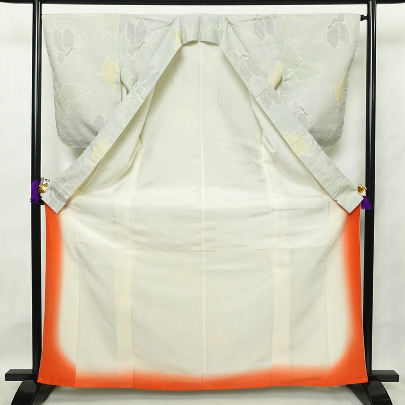 紬 正絹 蝶・昆虫柄 袷仕立て 身丈167.5cm 裄丈65.5cm つむぎ 青・紺_画像3