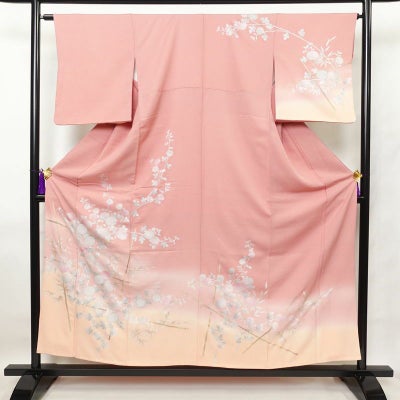 訪問着 正絹 木の葉・植物柄 袷仕立て 身丈156cm 裄丈64.5cm 箔 共八掛 金彩 ピンク