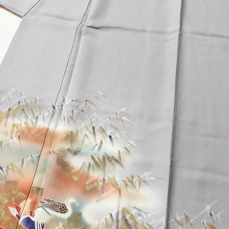 付け下げ 良品 しつけ糸付き 正絹 人物・動物柄 袷仕立て 身丈162.5cm 裄丈65cm 箔 紫・藤色_画像5