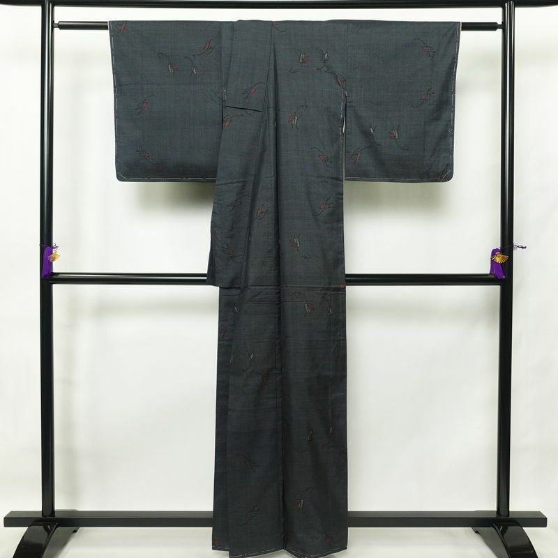 紬 しつけ糸付き 正絹 木の葉・植物柄 袷仕立て 身丈159.5cm 裄丈67cm つむぎ 青・紺_画像2