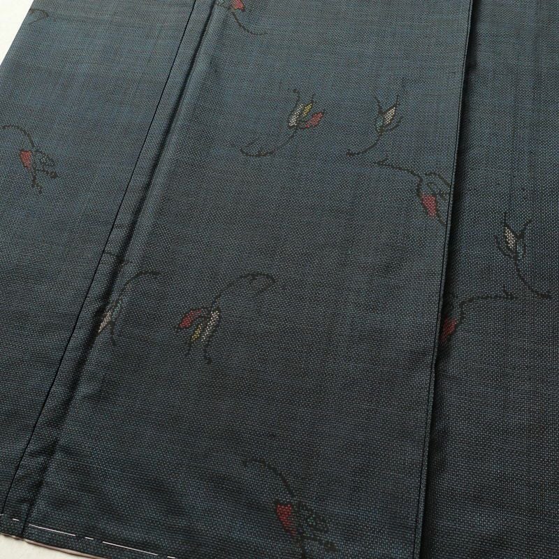 紬 しつけ糸付き 正絹 木の葉・植物柄 袷仕立て 身丈159.5cm 裄丈67cm つむぎ 青・紺_画像4