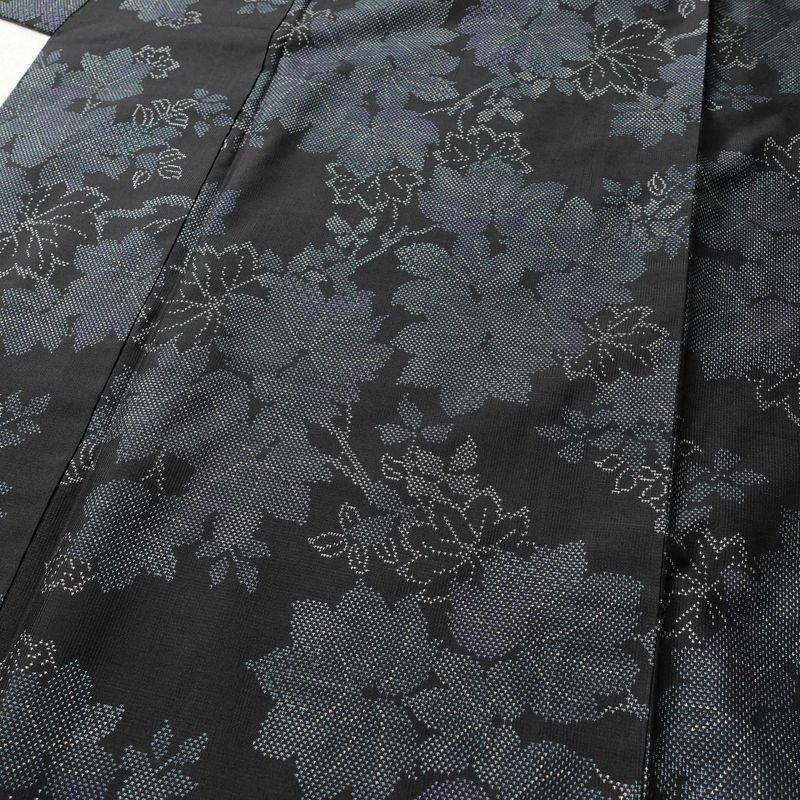 紬 正絹 木の葉・植物柄 袷仕立て 身丈165cm 裄丈67.5cm つむぎ 黒_画像7