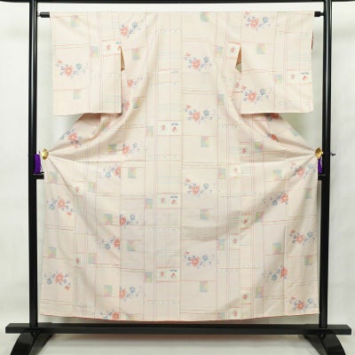 紬 しつけ糸付き 正絹 花柄 袷仕立て 身丈155.5cm 裄丈64cm ピンク