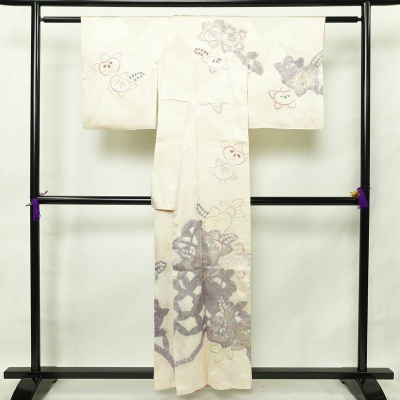 付け下げ 絞り 正絹 花柄 袷仕立て 身丈157.5cm 裄丈63.5cm 箔 金彩 白_画像2