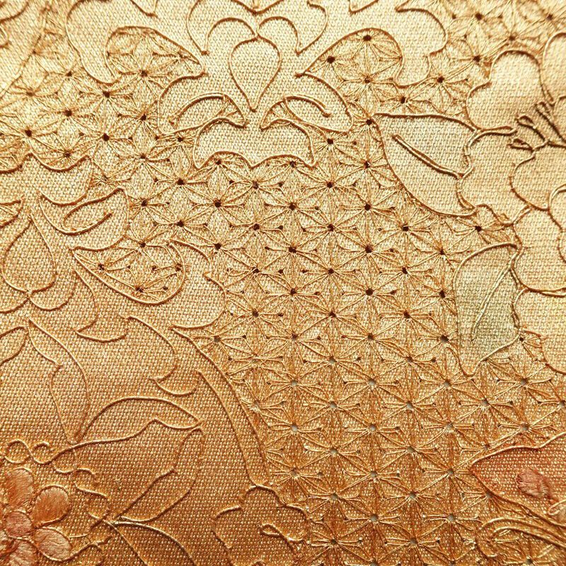 袋帯 太鼓柄 良品 スワトウ刺繍 フォーマル用 正絹 木の葉・植物柄 刺繍 金・銀_画像6
