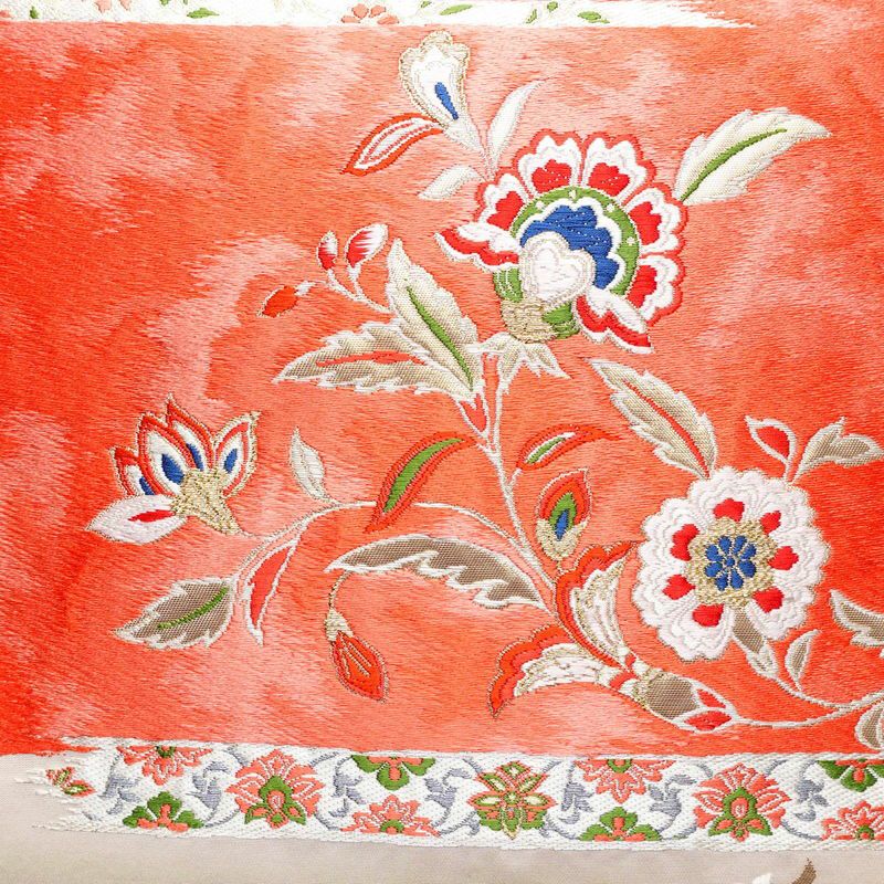 名古屋帯 太鼓柄 正絹 花柄 名古屋仕立て 刺繍 クリーム_画像2