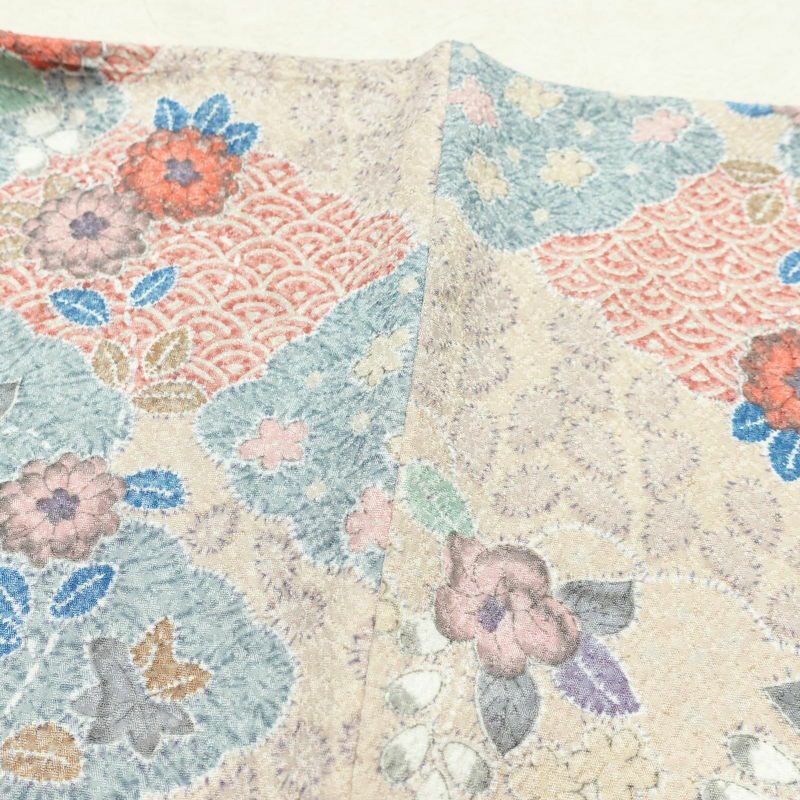 小紋 良品 総柄 正絹 花柄 袷仕立て 身丈164.5cm 裄丈65cm ベージュ_画像15