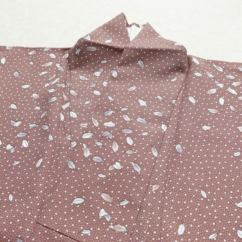 小紋 良品 ポリエステル 木の葉・植物柄 袷仕立て 身丈156cm 裄丈64.5cm 小豆・エンジ_画像15