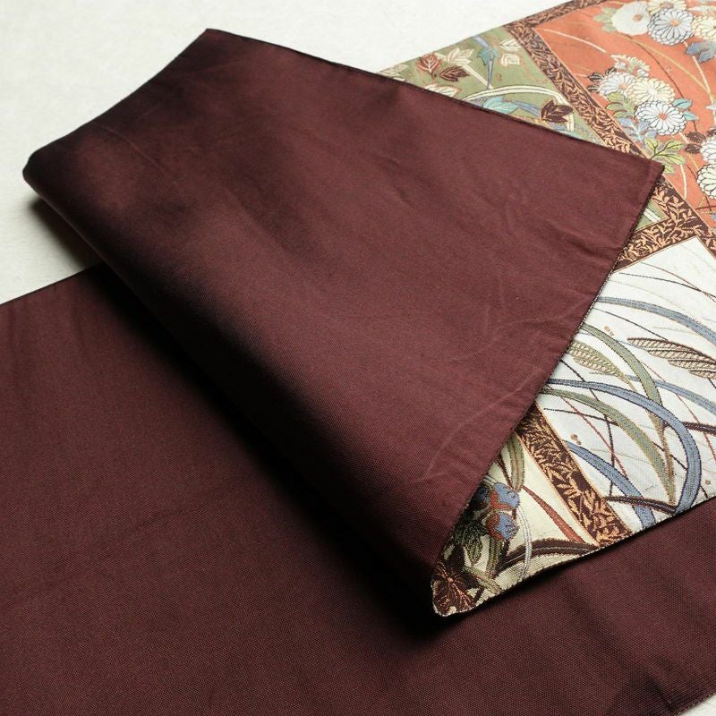 袋帯 六通柄 一般用 正絹 木の葉・植物柄 茶_画像9