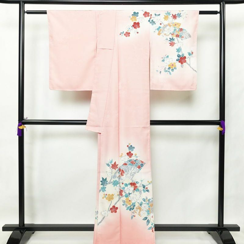 付け下げ ポリエステル 花柄 袷仕立て 身丈161.5cm 裄丈66.5cm ピンク_画像2