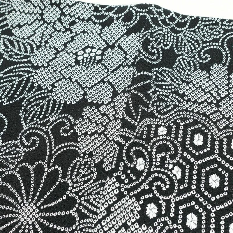 小紋 良品 縮緬 絞り風 ポリエステル 花柄 袷仕立て 身丈163cm 裄丈67cm 黒_画像13