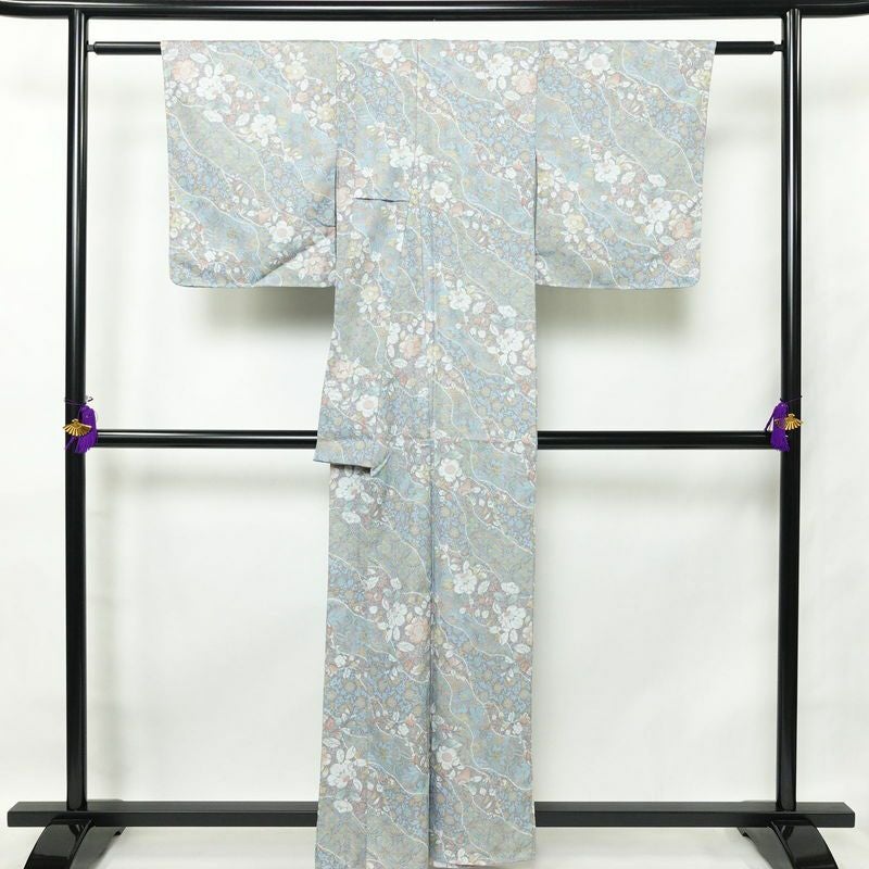 小紋 しつけ糸付き ポリエステル 花柄 袷仕立て 身丈159cm 裄丈67cm 紫・藤色_画像2