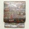 袋帯 洛中洛外図 本金箔プラチナ箔 全通柄 良品 フォーマル用 正絹 風景柄 箔 緑・うぐいす色_画像1