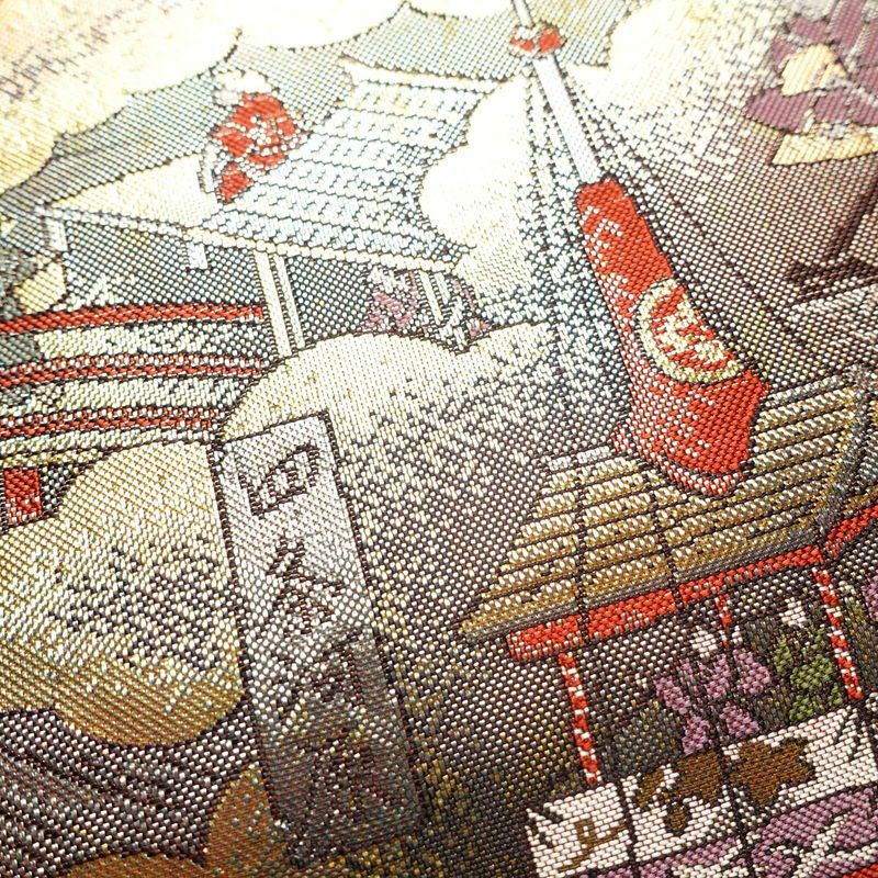 袋帯 洛中洛外図 本金箔プラチナ箔 全通柄 良品 フォーマル用 正絹 風景柄 箔 緑・うぐいす色_画像5