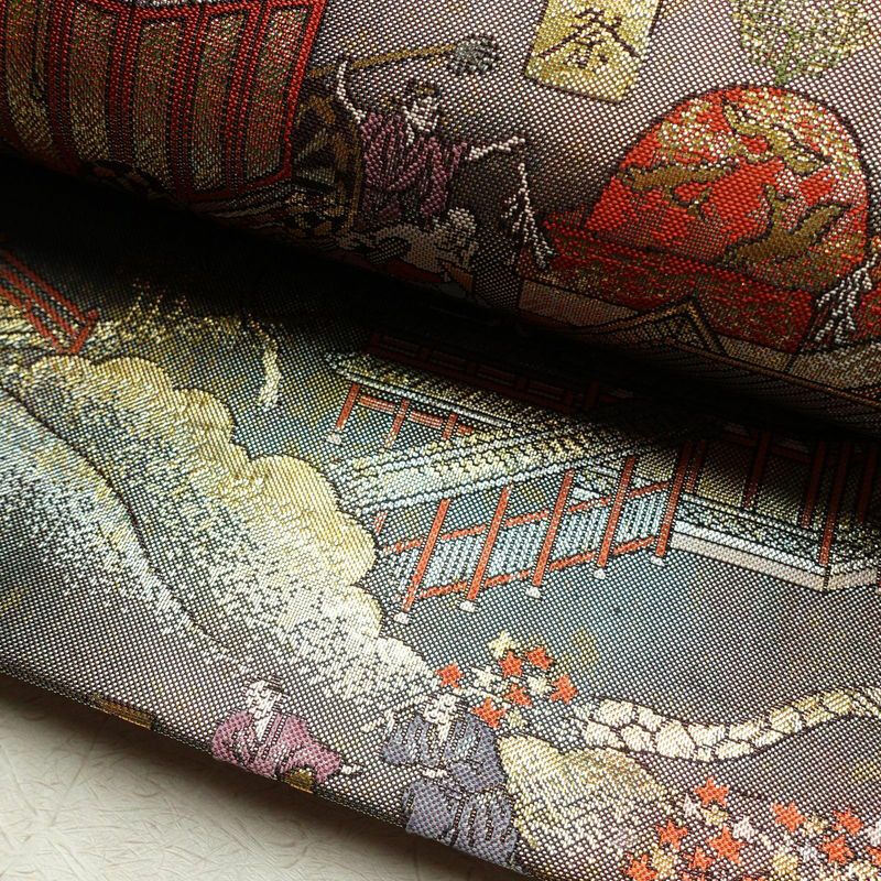 袋帯 洛中洛外図 本金箔プラチナ箔 全通柄 良品 フォーマル用 正絹 風景柄 箔 緑・うぐいす色_画像7