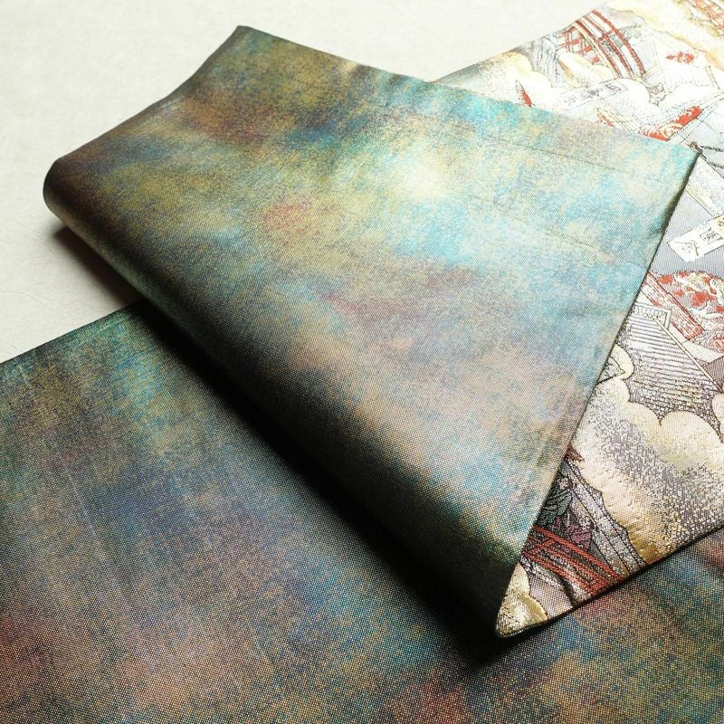 袋帯 洛中洛外図 本金箔プラチナ箔 全通柄 良品 フォーマル用 正絹 風景柄 箔 緑・うぐいす色_画像9