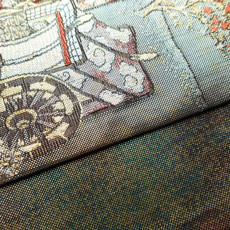 袋帯 洛中洛外図 本金箔プラチナ箔 全通柄 良品 フォーマル用 正絹 風景柄 箔 緑・うぐいす色_画像12