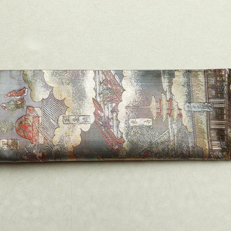 袋帯 洛中洛外図 本金箔プラチナ箔 全通柄 良品 フォーマル用 正絹 風景柄 箔 緑・うぐいす色_画像15