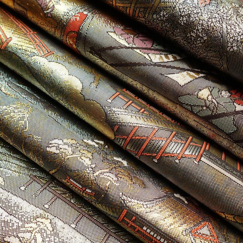 袋帯 洛中洛外図 本金箔プラチナ箔 全通柄 良品 フォーマル用 正絹 風景柄 箔 緑・うぐいす色_画像18