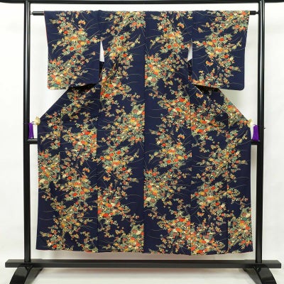小紋 混紡 花柄 袷仕立て 身丈153cm 裄丈63.5cm 青・紺