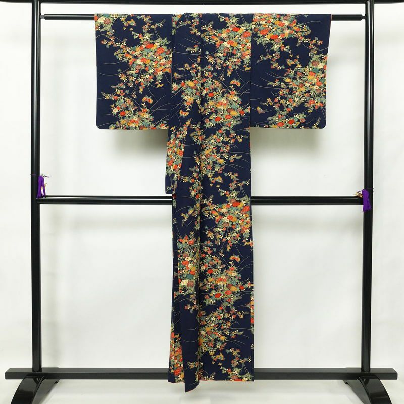 小紋 混紡 花柄 袷仕立て 身丈153cm 裄丈63.5cm 青・紺_画像2
