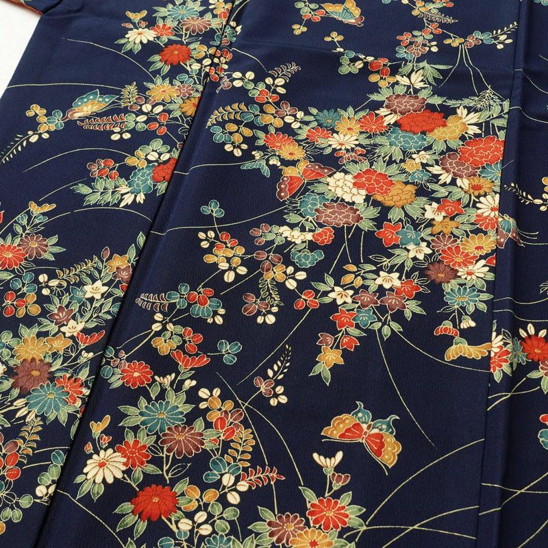 小紋 混紡 花柄 袷仕立て 身丈153cm 裄丈63.5cm 青・紺_画像5
