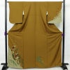 付け下げ 良品 しつけ糸付き 丹後ちりめん 縮緬 正絹 木の葉・植物柄 袷仕立て 身丈165.5cm 裄丈66cm 箔 金彩 黄・黄土色_画像1