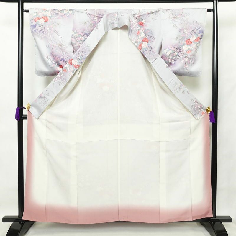 小紋 正絹 花柄 袷仕立て 身丈160cm 裄丈64cm 一部しつけ糸付き 金彩 紫・藤色_画像3