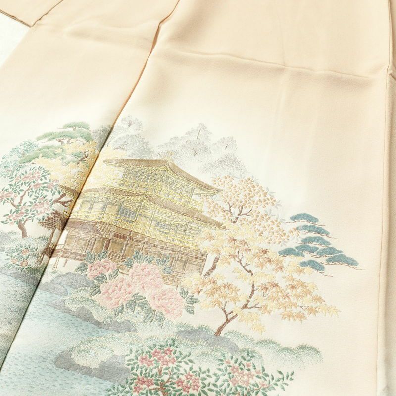 色留袖 良品 しつけ糸付き 一つ紋付き 正絹 風景柄 袷仕立て 身丈162.5cm 裄丈65cm ベージュ_画像5