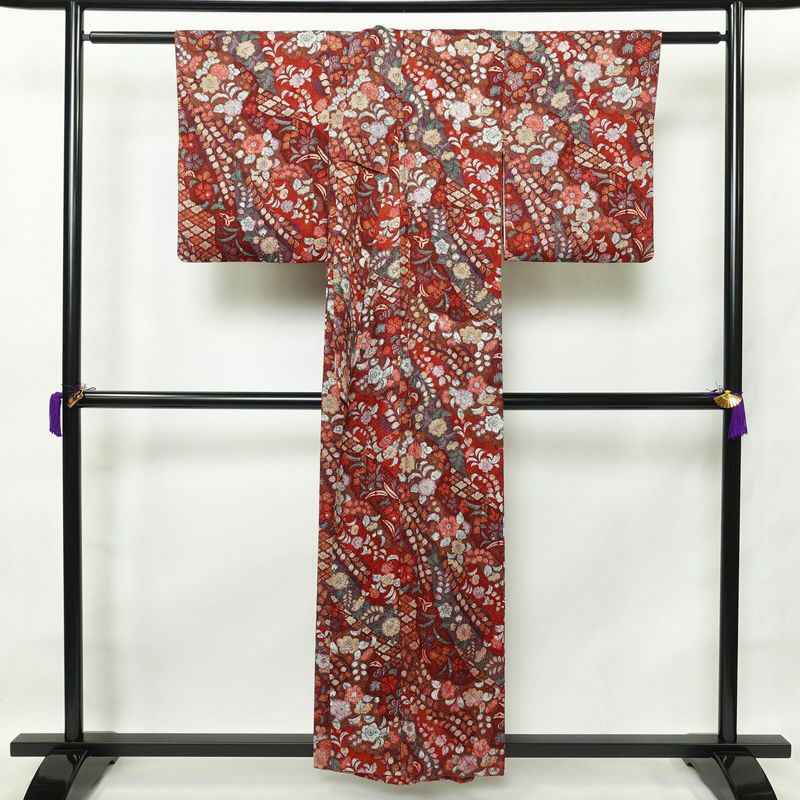小紋 良品 正絹 花柄 袷仕立て 身丈156.5cm 裄丈63.5cm 辻が花風 赤・朱_画像2