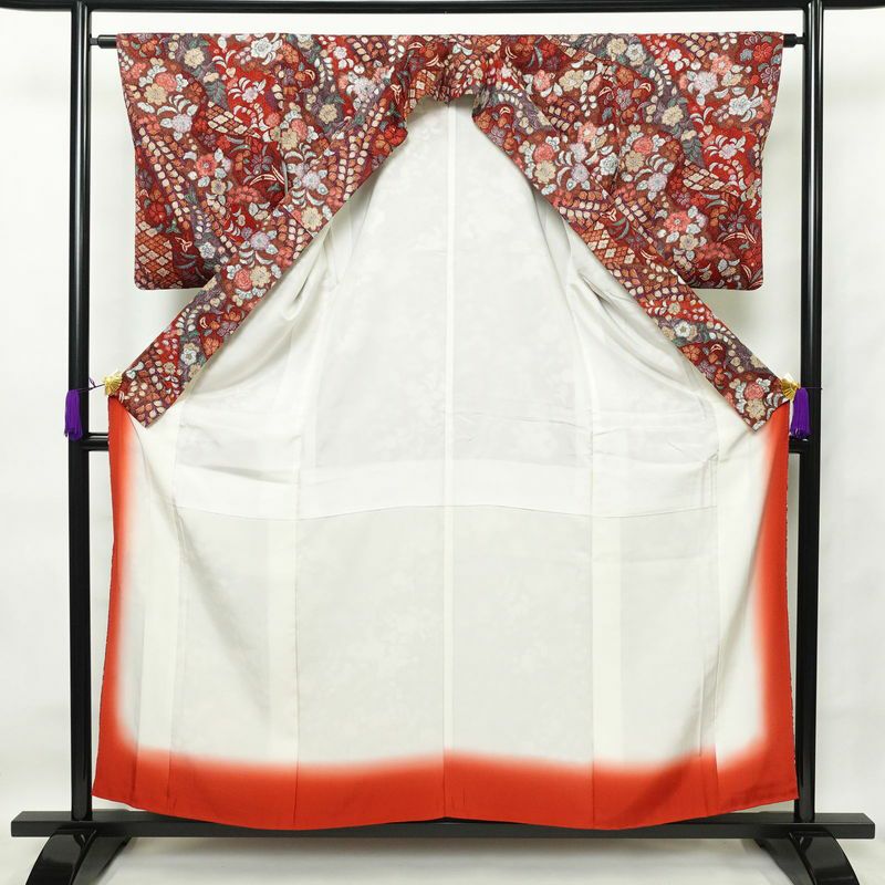 小紋 良品 正絹 花柄 袷仕立て 身丈156.5cm 裄丈63.5cm 辻が花風 赤・朱_画像3